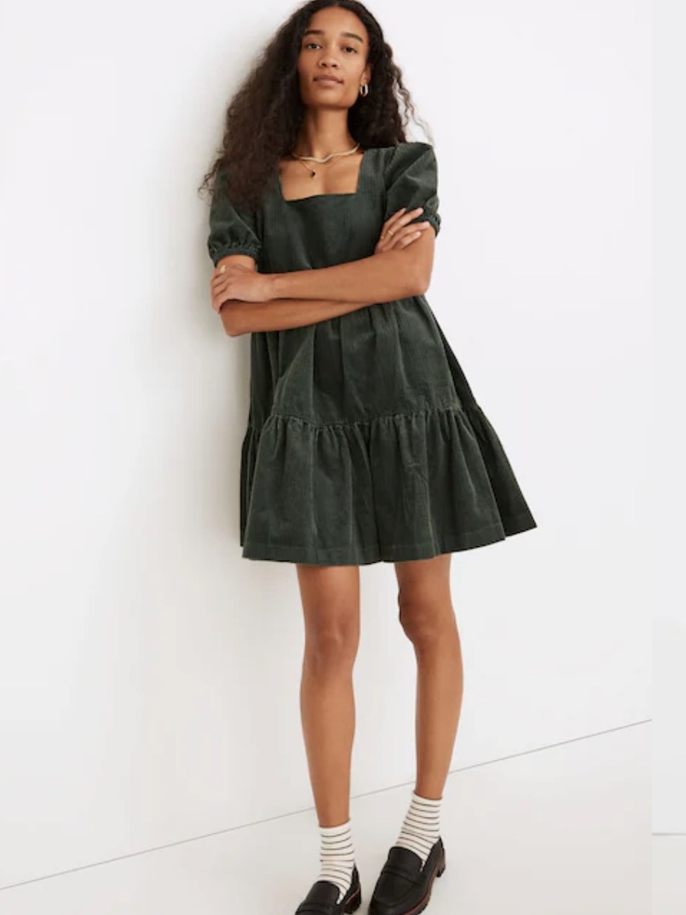 NEW Madewell Corduroy Aidy Forest Green Square-Neck Tiered Mini Dress